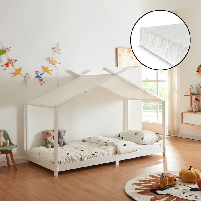 Letto Brome per Cameretta a Forma di Casetta e Materasso 90x200 cm Legno di Pino - Bianco [en.casa]