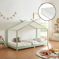 Letto Brome per Cameretta a Forma di Casetta e Materasso 90x200 cm Legno di Pino - Menta Verde [en.casa]