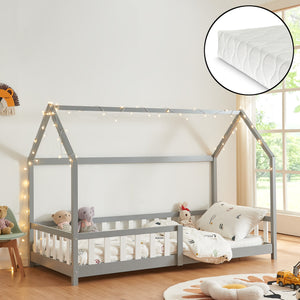 Letto Singolo Hesel per Cameretta Forma di Casetta con Materasso 90 x 200 cm Grigio [en.casa]