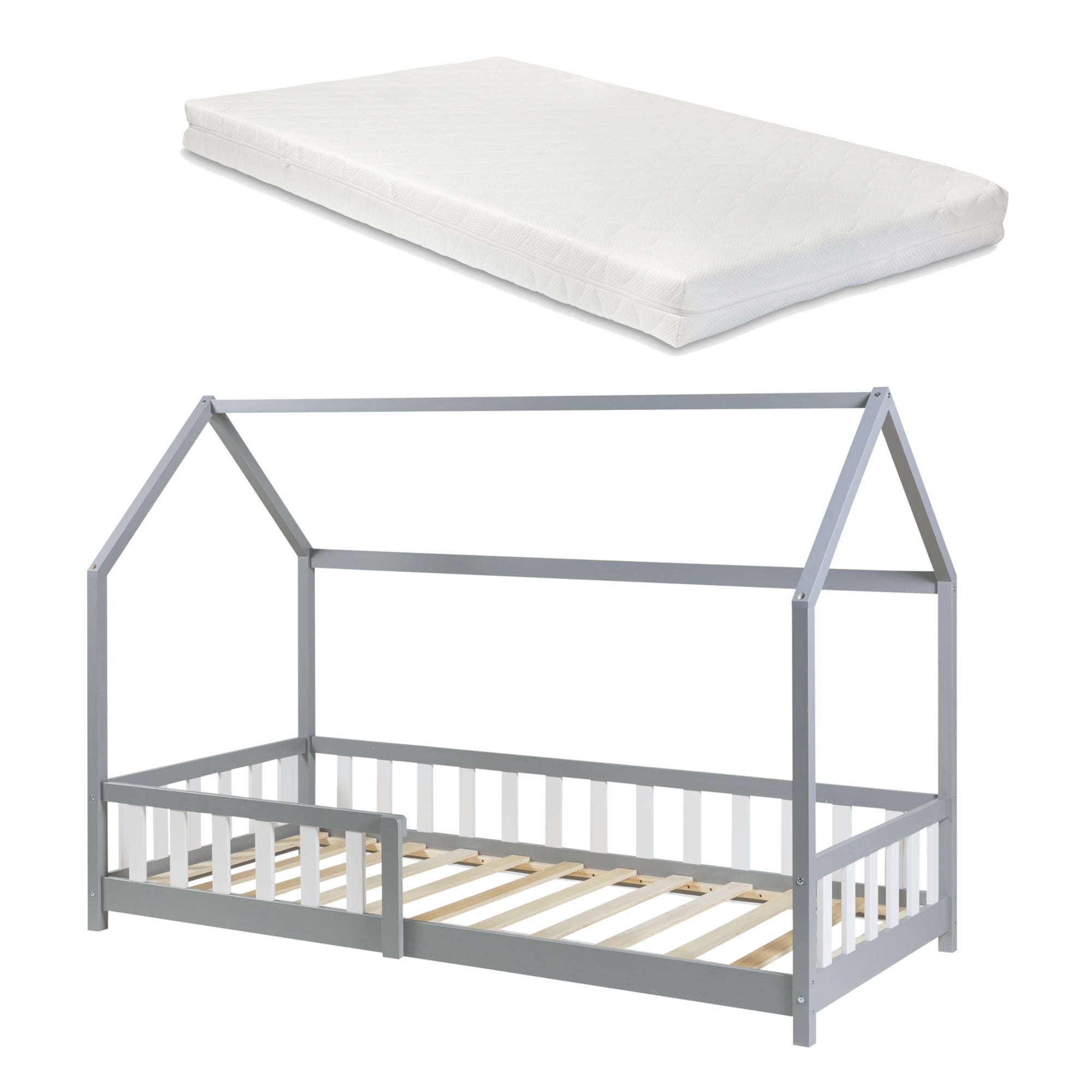 Letto Singolo Hesel per Cameretta Forma di Casetta con Materasso 90 x 200 cm Grigio [en.casa]