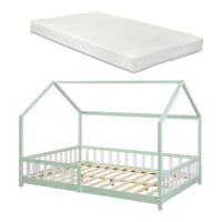 Letto Piazza e Mezza Hesel per Cameretta Forma di Casetta con Materasso 120 x 200 cm Menta Verde [en.casa]