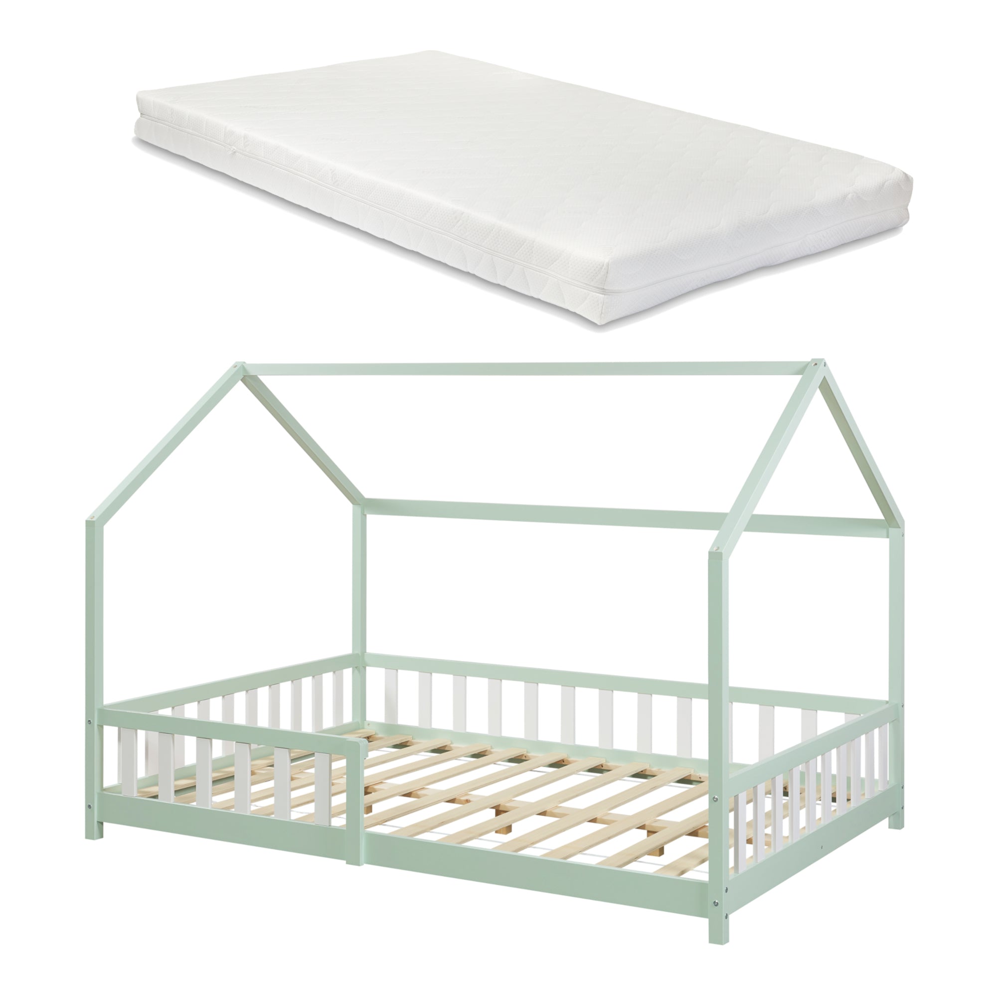 Letto Francese Hesel per Cameretta Forma di Casetta con Materasso 140 x 200 cm Menta Verde [en.casa]