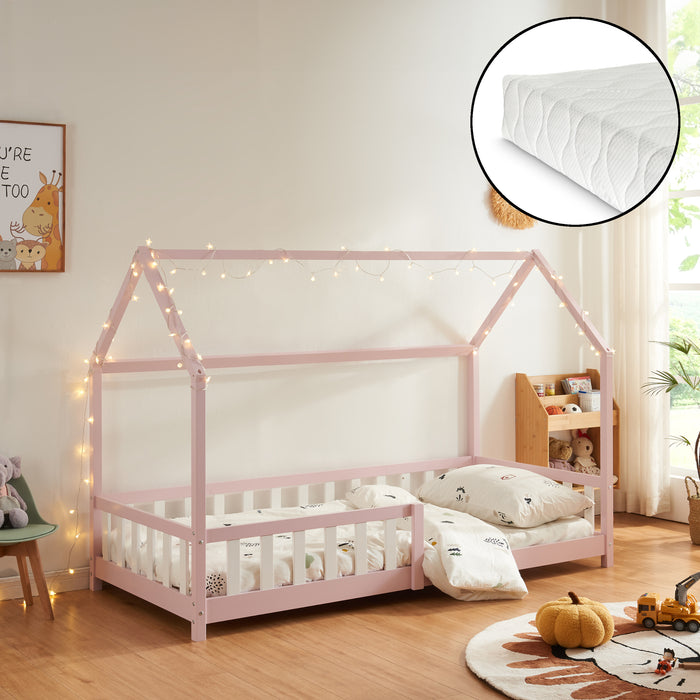 Letto Singolo Hesel per Cameretta Forma di Casetta con Materasso 90 x 200 cm Rosa [en.casa]
