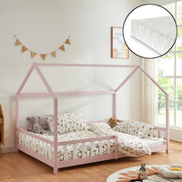 Letto Piazza e Mezza Hesel per Cameretta Forma di Casetta con Materasso 120 x 200 cm Rosa [en.casa]