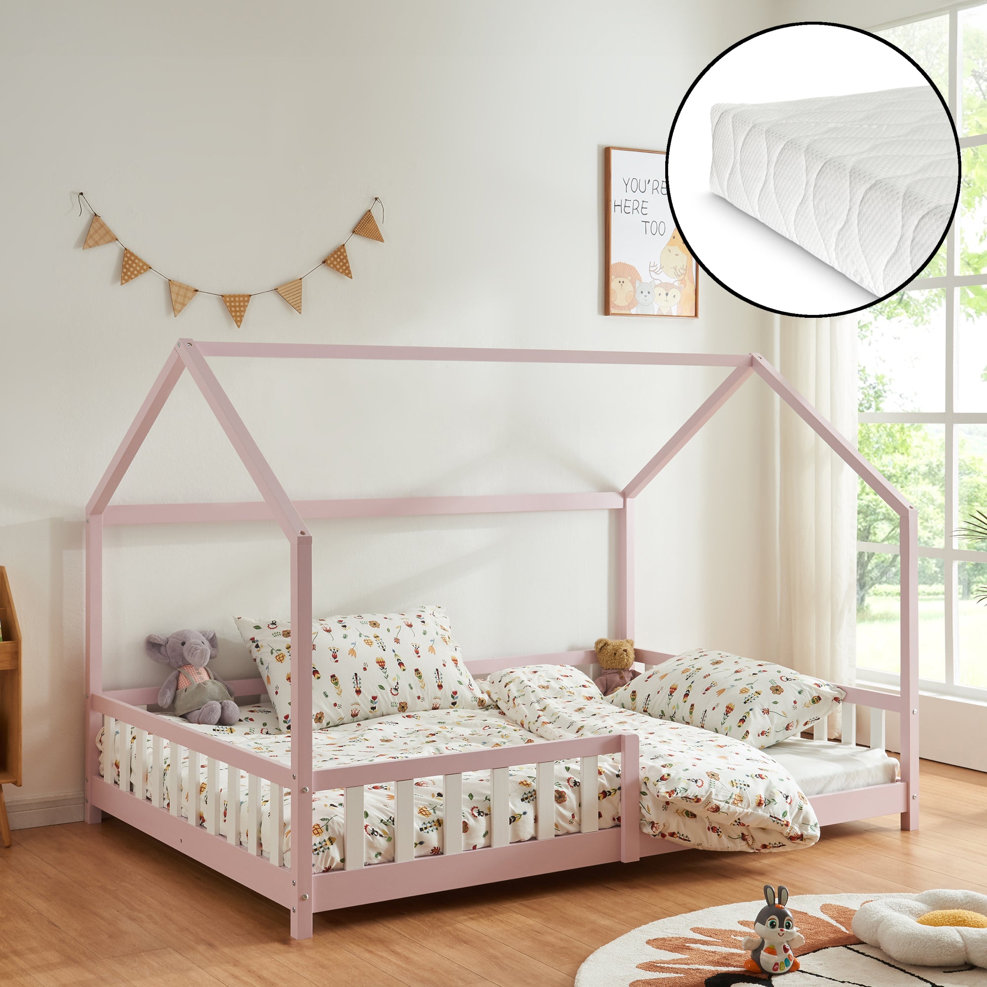 Letto Piazza e Mezza Hesel per Cameretta Forma di Casetta con Materasso 120 x 200 cm Rosa [en.casa]