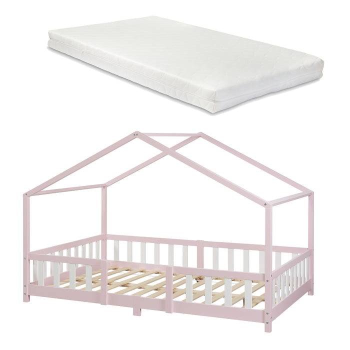 Letto per Cameretta Treviolo a Forma di Casetta con Materasso 120x200 cm Rosa [en.casa] [neu.haus]