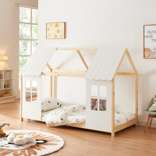 Letto Tostedt per Cameretta a Forma di Casetta Semiaperta 90 x 200 cm Naturale / Bianco [en.casa]