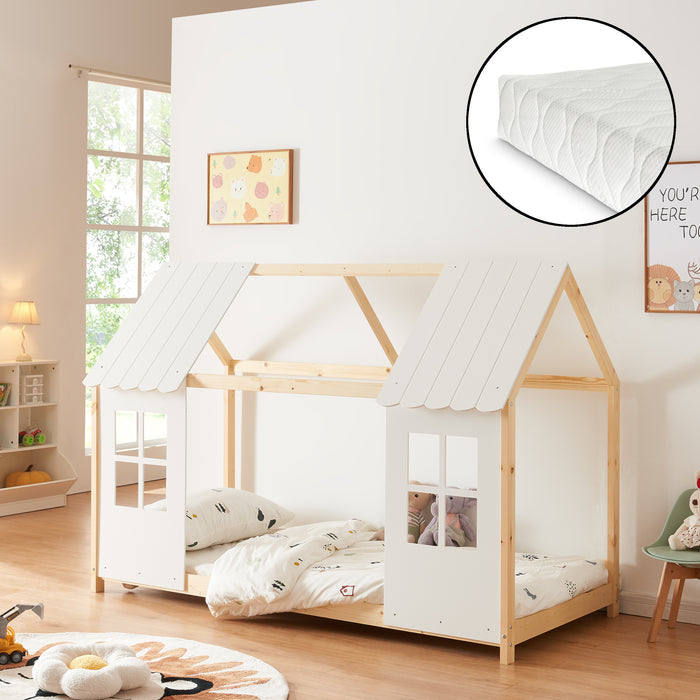 Letto Tostedt per Cameretta a Forma di Casetta con Materasso 90 x 200 Naturale / Bianco [en.casa]