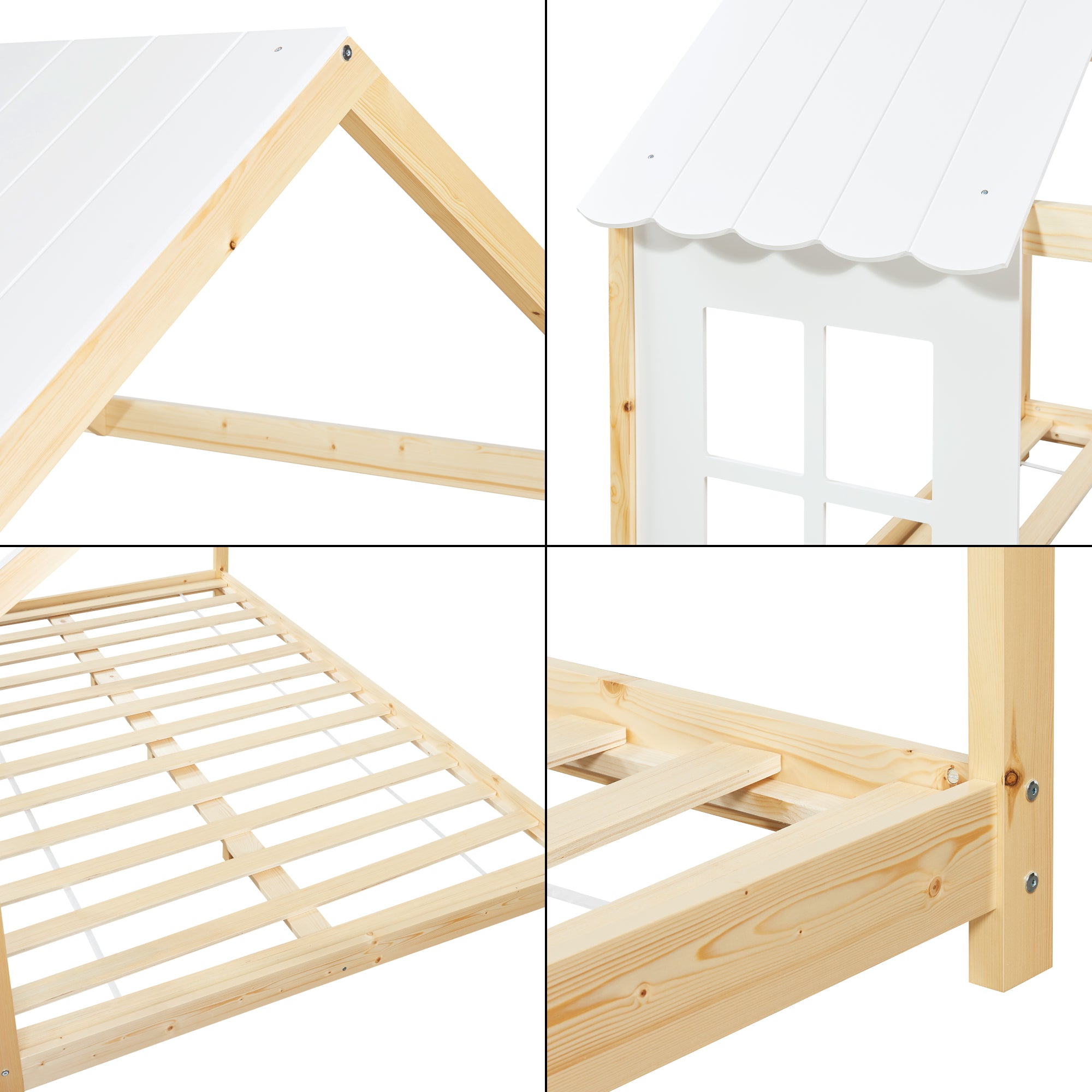 Letto Tostedt per Cameretta a Forma di Casetta con Materasso 140 x 200 Naturale / Bianco [en.casa]