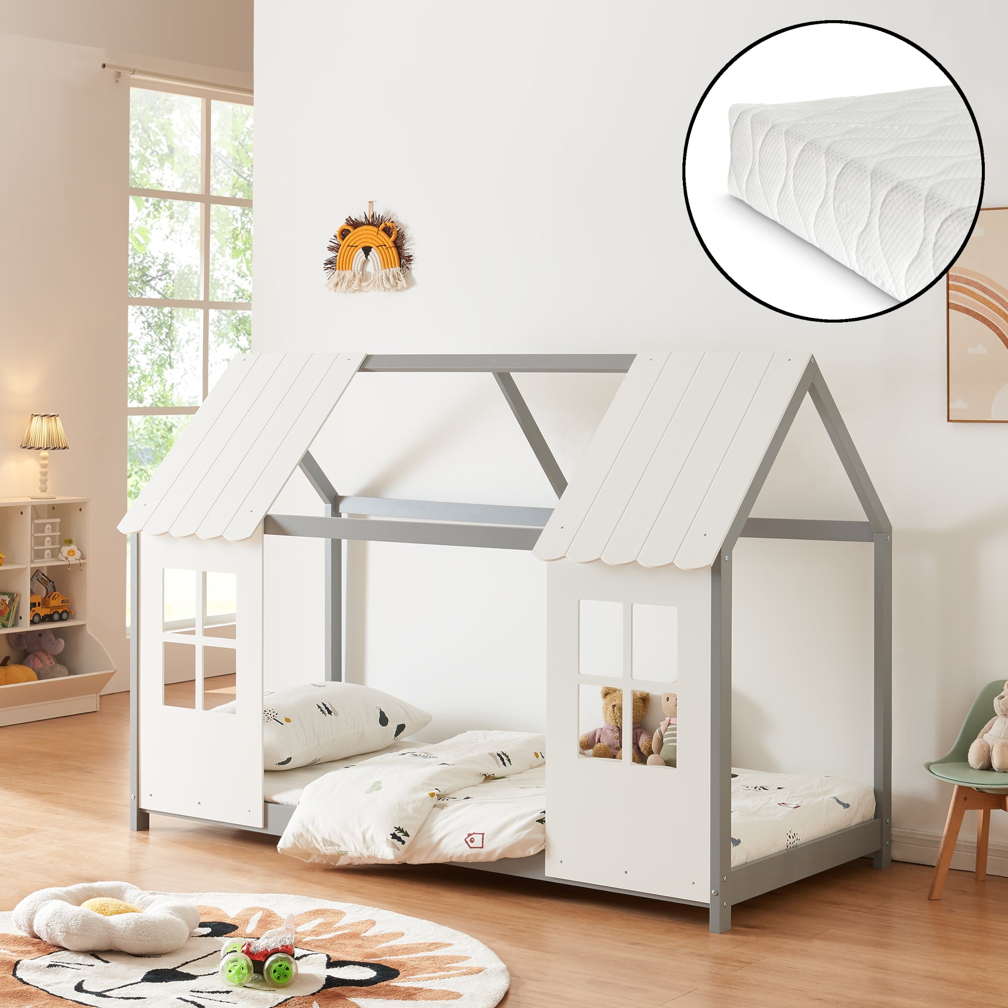 Letto Tostedt per Cameretta a Forma di Casetta con Materasso 90 x 200 Grigio / Bianco [en.casa]