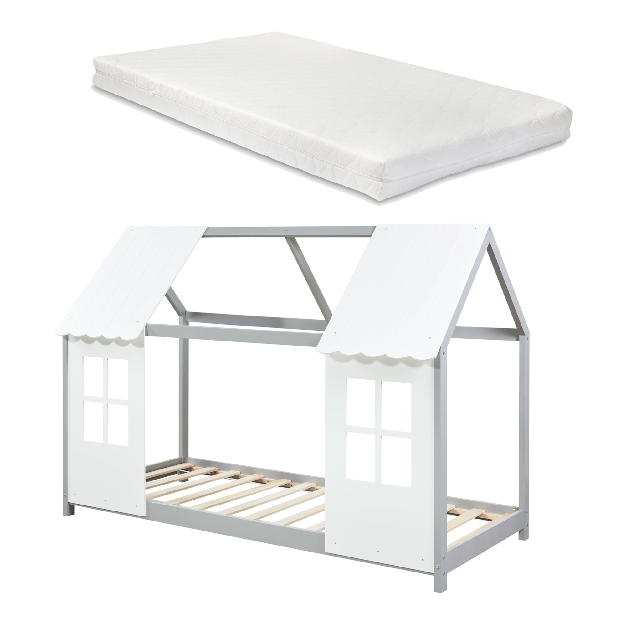 Letto Tostedt per Cameretta a Forma di Casetta con Materasso 90 x 200 Grigio / Bianco [en.casa]