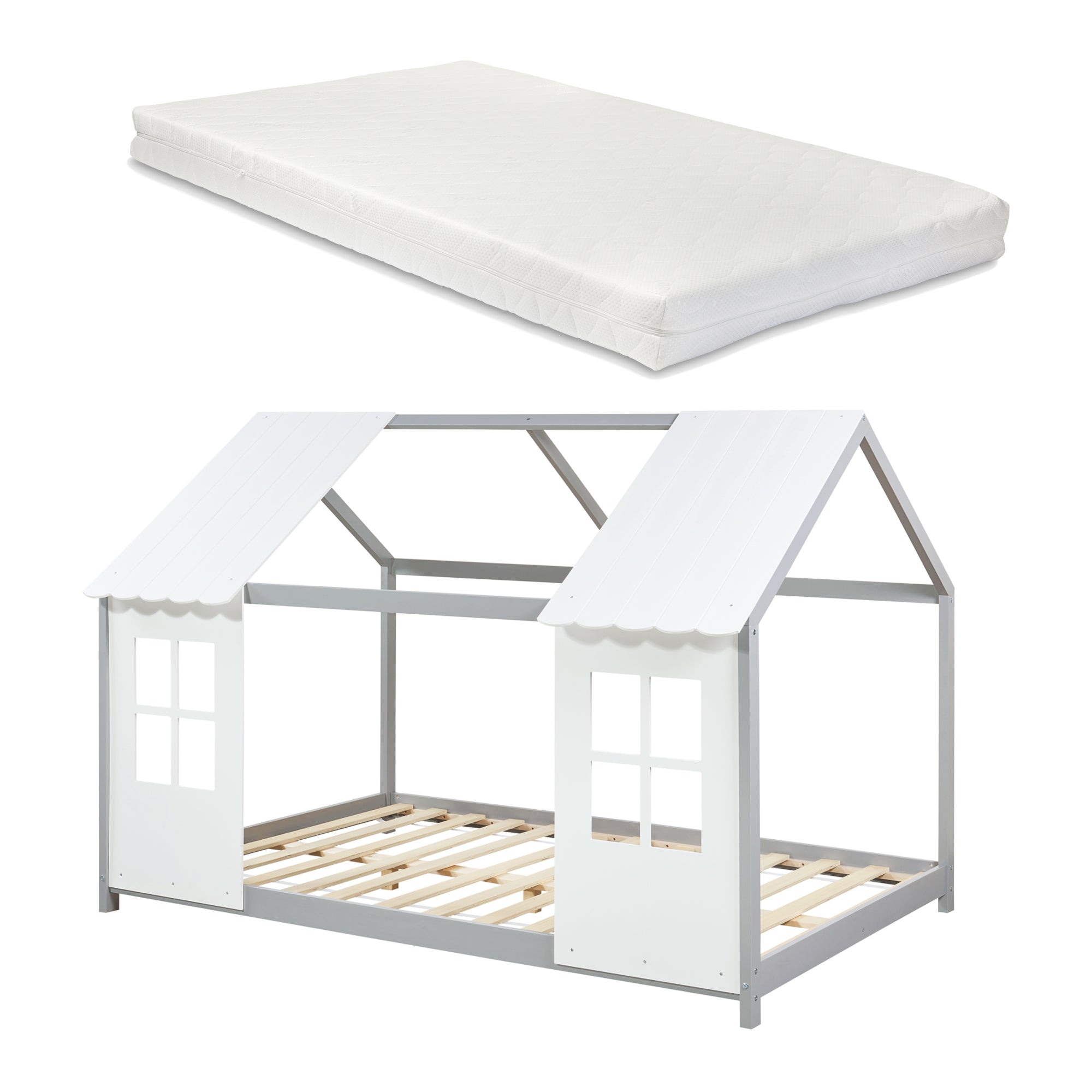 Letto Tostedt per Cameretta a Forma di Casetta con Materasso 120 x 200 Grigio / Bianco [en.casa]