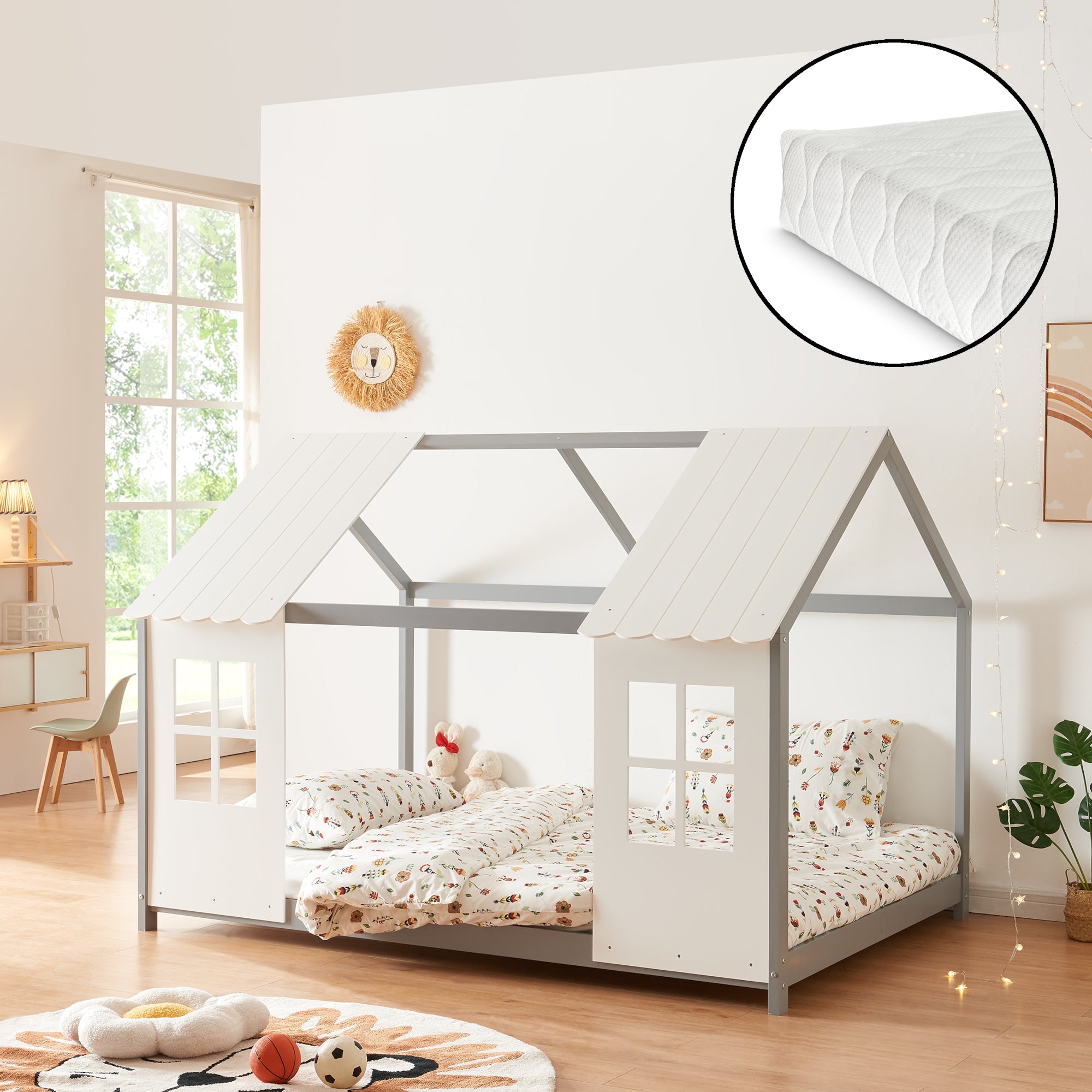 Letto Tostedt per Cameretta a Forma di Casetta con Materasso 140 x 200 Grigio / Bianco [en.casa]