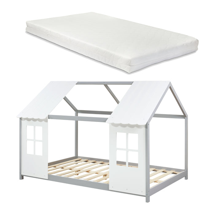 Letto Tostedt per Cameretta a Forma di Casetta con Materasso 140 x 200 Grigio / Bianco [en.casa]