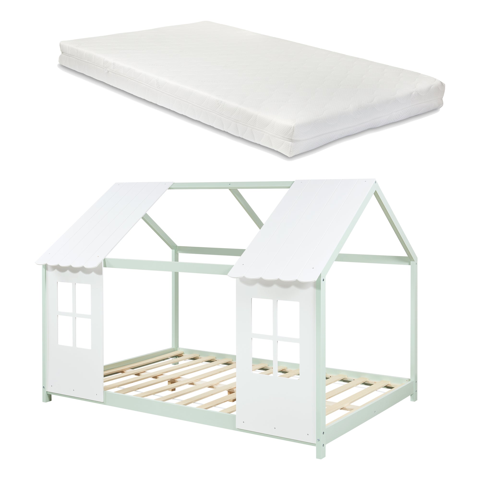 Letto Tostedt per Cameretta a Forma di Casetta con Materasso 120 x 200 Menta Verde / Bianco [en.casa]