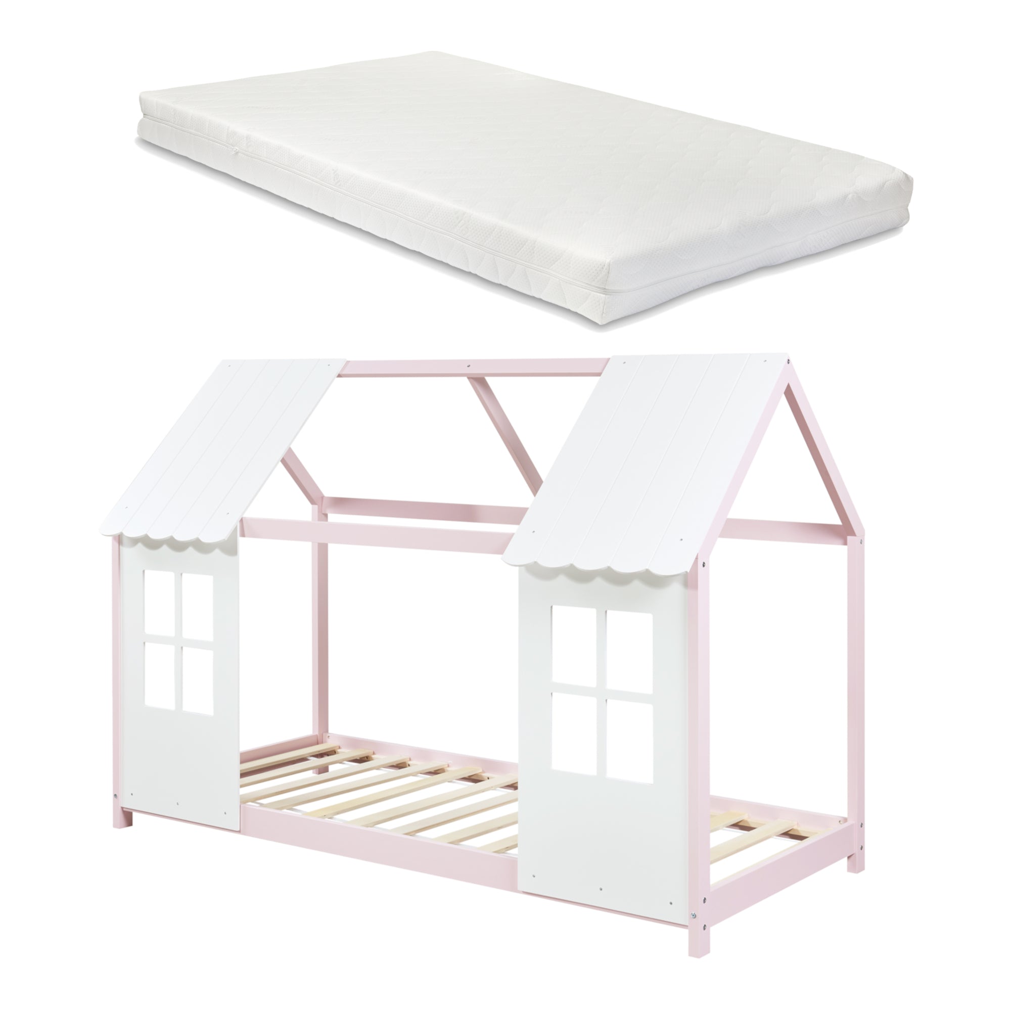 Letto Tostedt per Cameretta a Forma di Casetta con Materasso 90 x 200 Rosa / Bianco [en.casa]