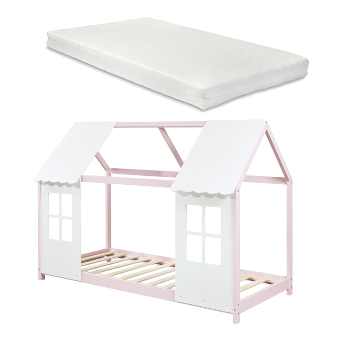 Letto Tostedt per Cameretta a Forma di Casetta con Materasso 90 x 200 Rosa / Bianco [en.casa]