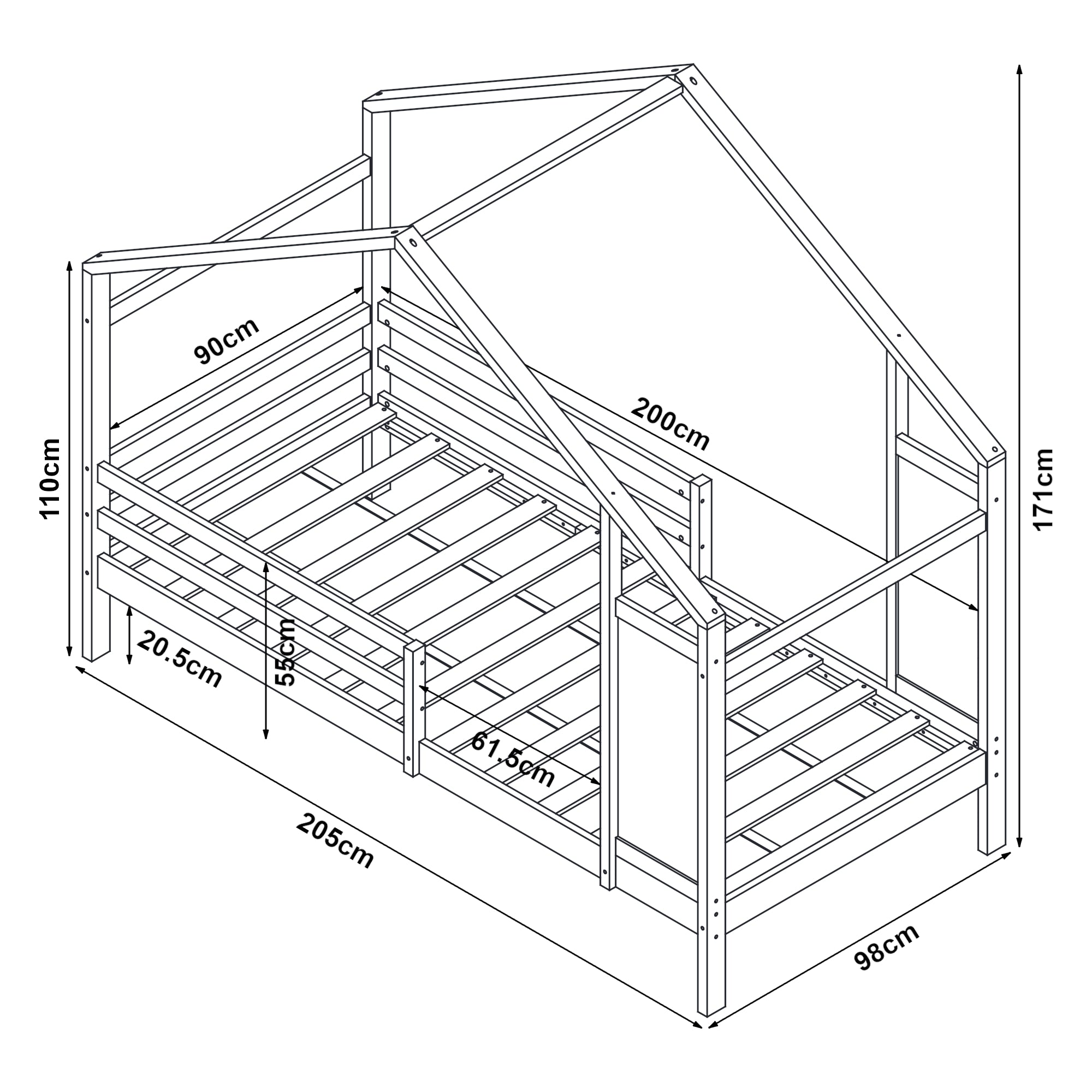 Letto a Casetta Lorenskog per Cameretta 90 x 200 cm in Legno di Pino con Barriera Anticaduta - Bianco [en.casa]