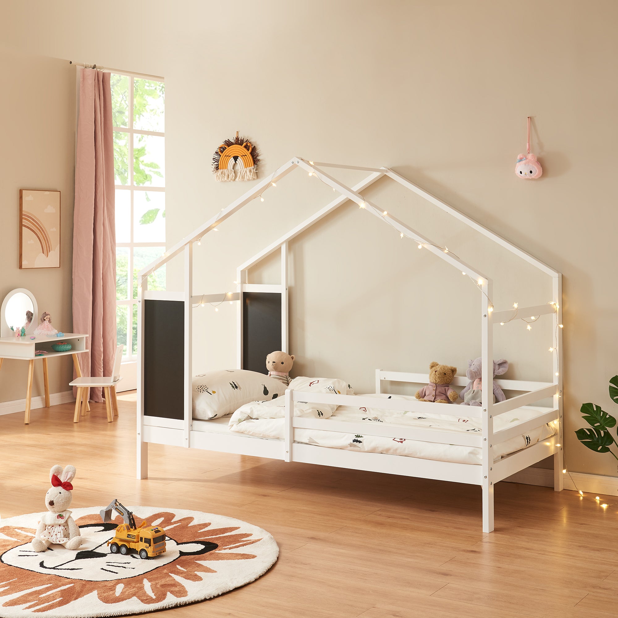 Letto a Casetta Lorenskog per Cameretta 90 x 200 cm in Legno di Pino con Barriera Anticaduta - Bianco [en.casa]