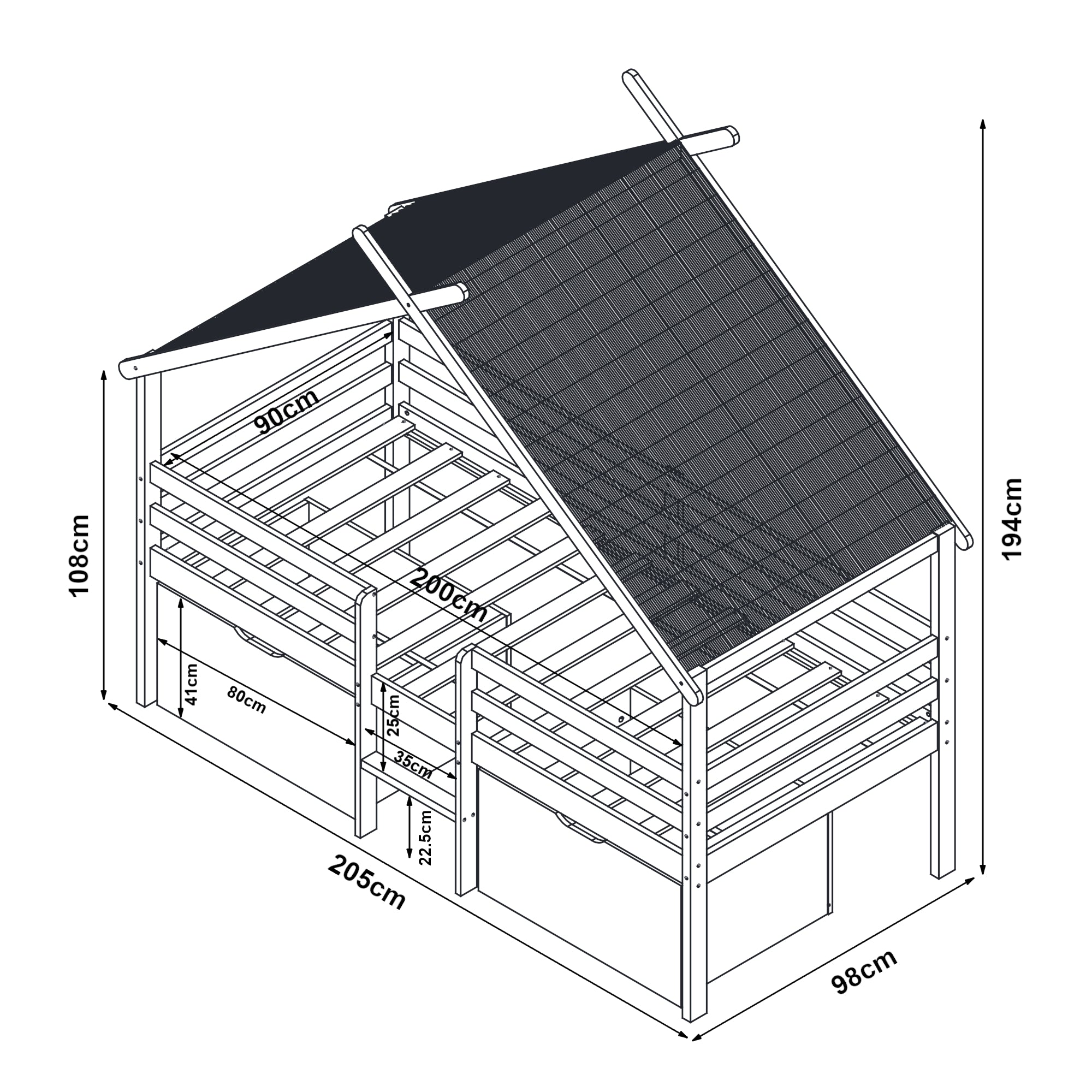 Letto Casetta per Bambini Surnadal 90x200 cm in Legno di Pino con Cassetti e Sbarre [en.casa]