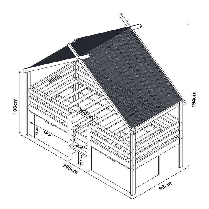 Letto Casetta per Bambini Surnadal 90x200 cm in Legno di Pino con Cassetti e Sbarre [en.casa]
