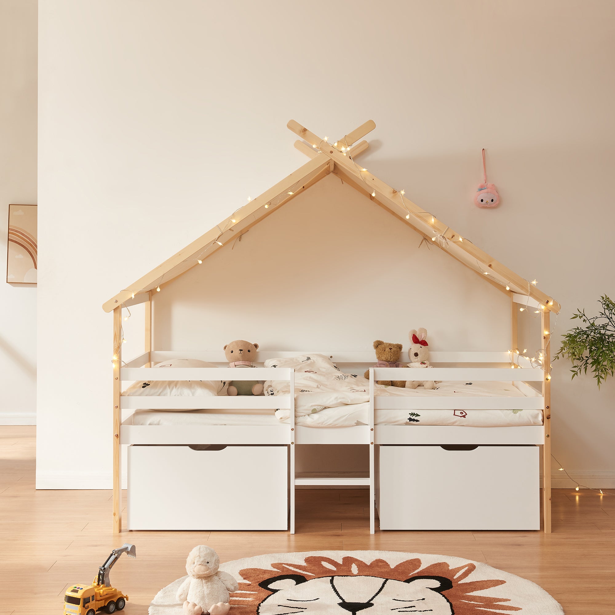 Letto Casetta per Bambini Surnadal con Materasso 90x200 cm Cassetti e Sbarre [en.casa]