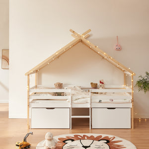 Letto Casetta per Bambini Surnadal con Materasso 90x200 cm Cassetti e Sbarre [en.casa]