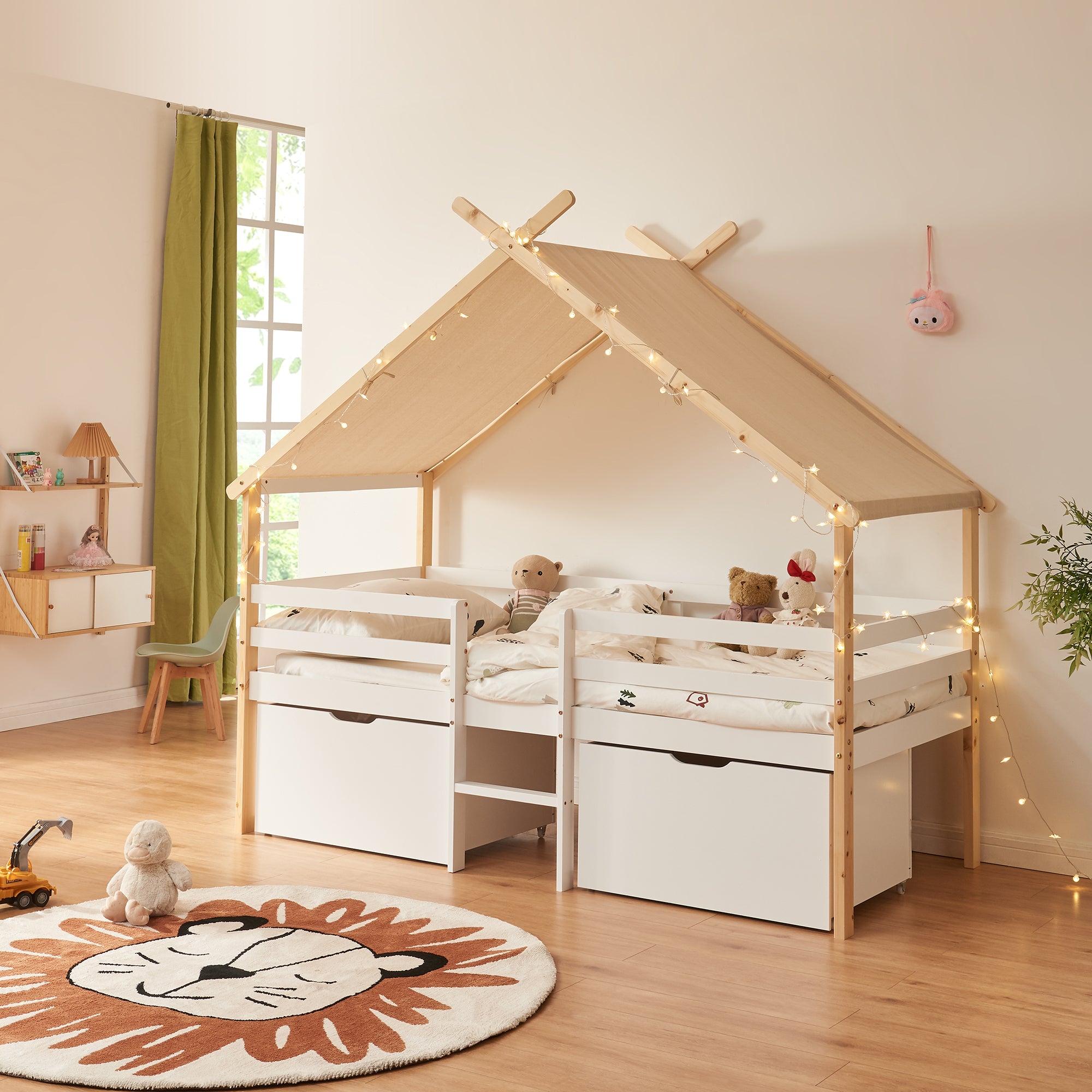 Letto Casetta per Bambini Surnadal 90x200 cm in Legno di Pino con Cassetti e Sbarre [en.casa]