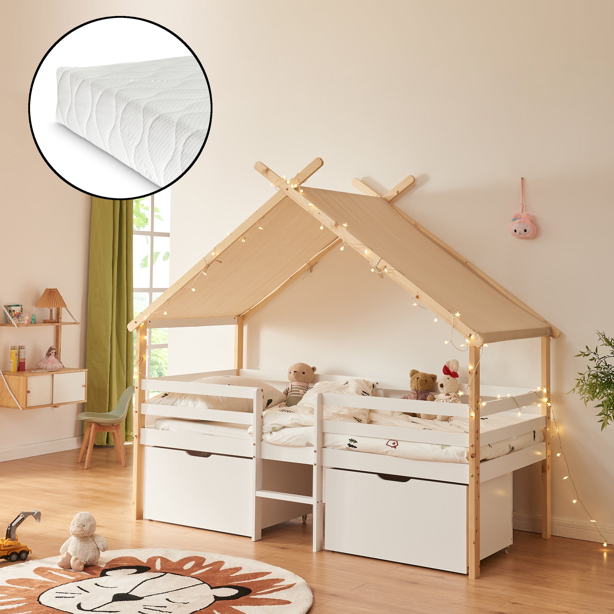 Letto Casetta per Bambini Surnadal con Materasso 90x200 cm Cassetti e Sbarre [en.casa]