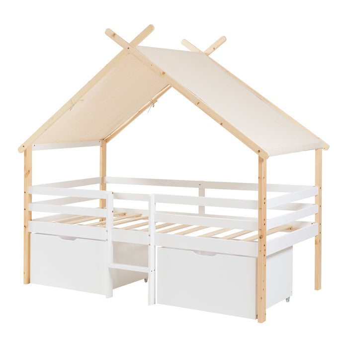 Letto Casetta per Bambini Surnadal 90x200 cm in Legno di Pino con Cassetti e Sbarre [en.casa]