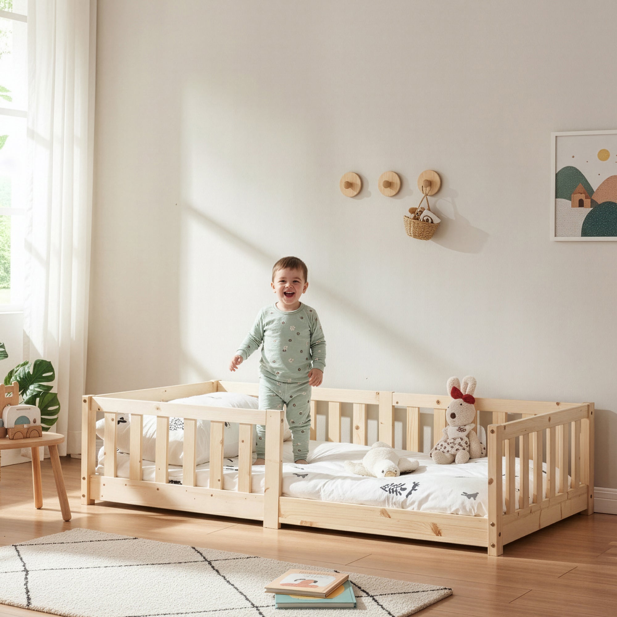 Letto Montessori per Cameretta Tanna in Legno di Pino con Materasso a Schiuma Fredda 80 x 160 cm - Naturale [en.casa]