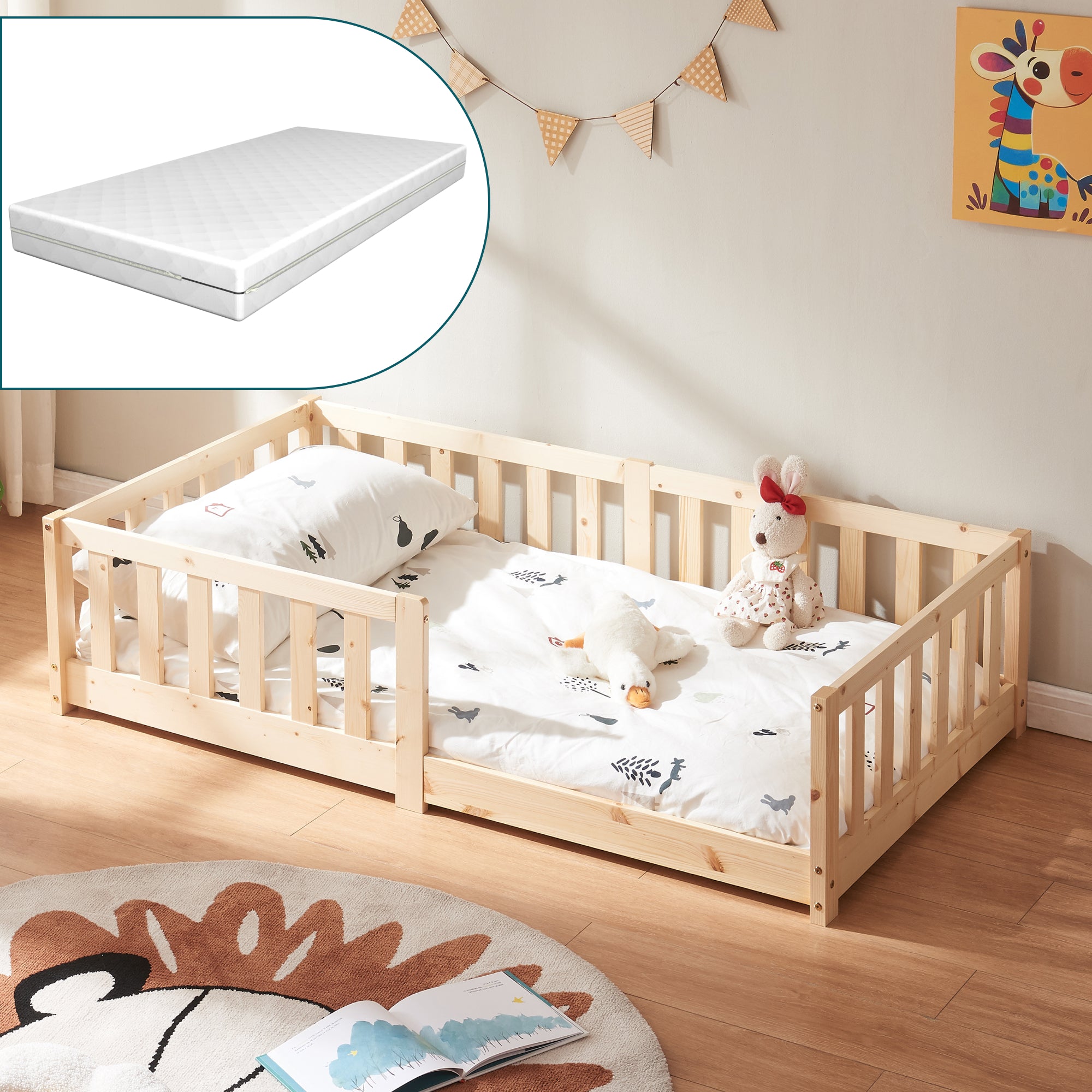 Letto Montessori per Cameretta Tanna in Legno di Pino con Materasso a Schiuma Fredda 80 x 160 cm - Naturale [en.casa]