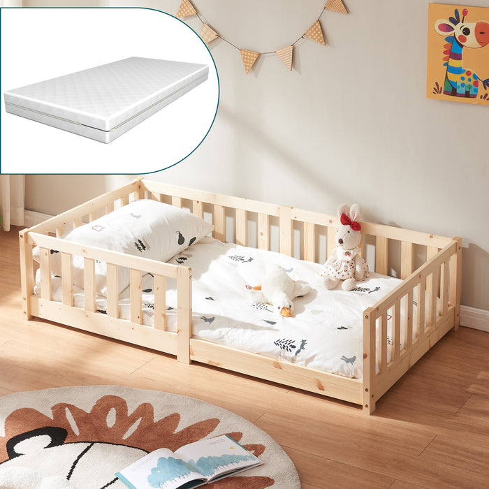 Letto Montessori per Cameretta Tanna in Legno di Pino con Materasso a Schiuma Fredda 80 x 160 cm - Naturale [en.casa]