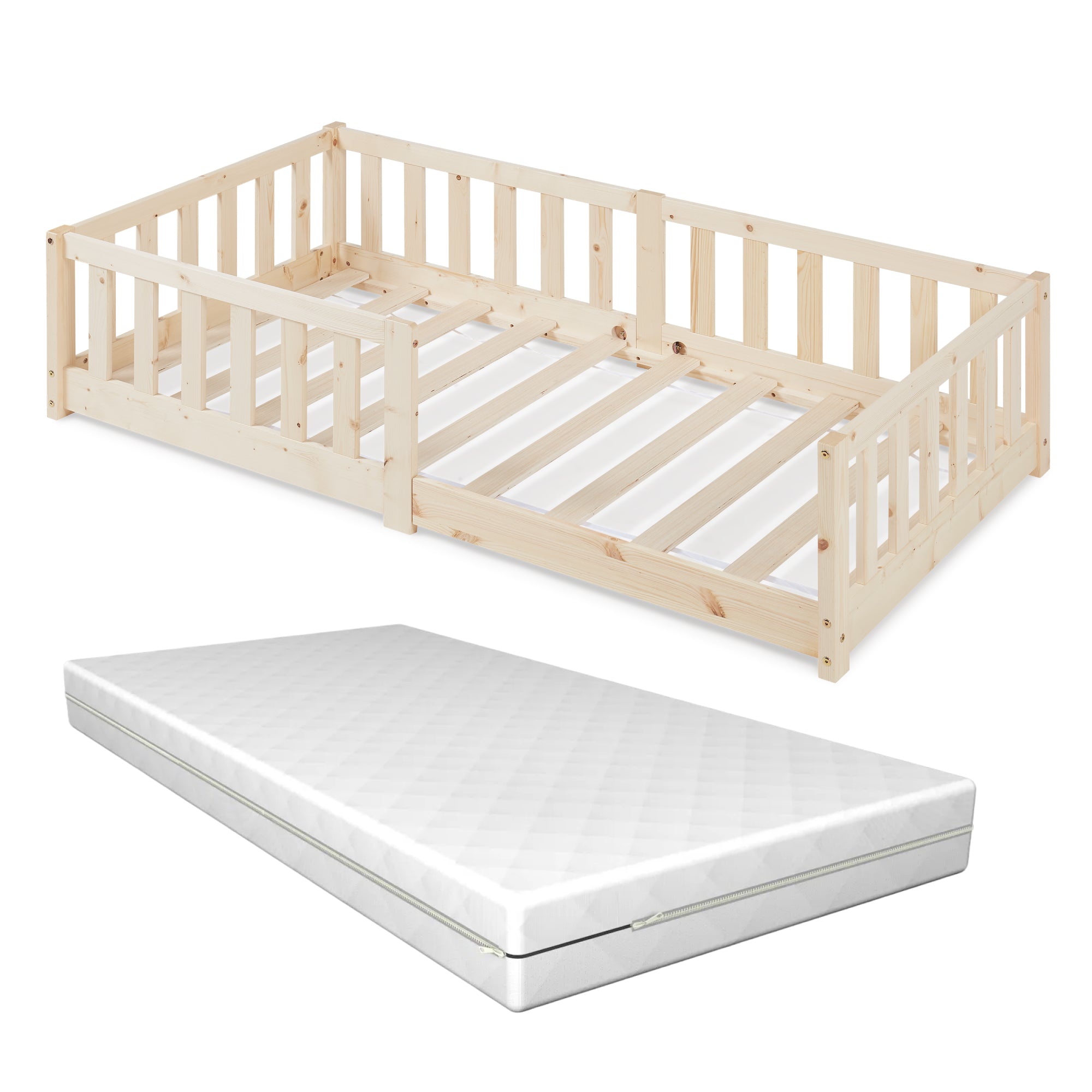 Letto Montessori per Cameretta Tanna in Legno di Pino con Materasso a Schiuma Fredda 80 x 160 cm - Naturale [en.casa]