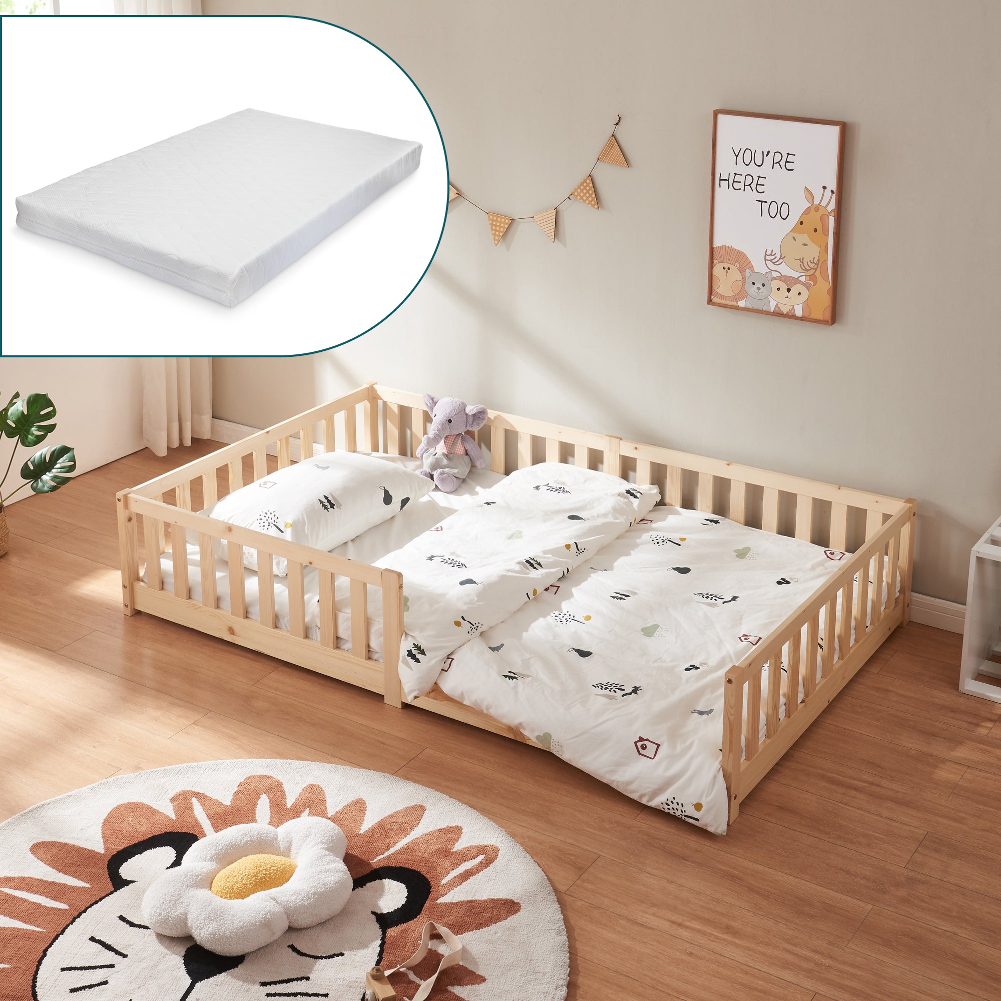 Letto Montessori per Cameretta Tanna in Legno di Pino con Materasso a Schiuma Fredda 120 x 200 cm - Naturale [en.casa]