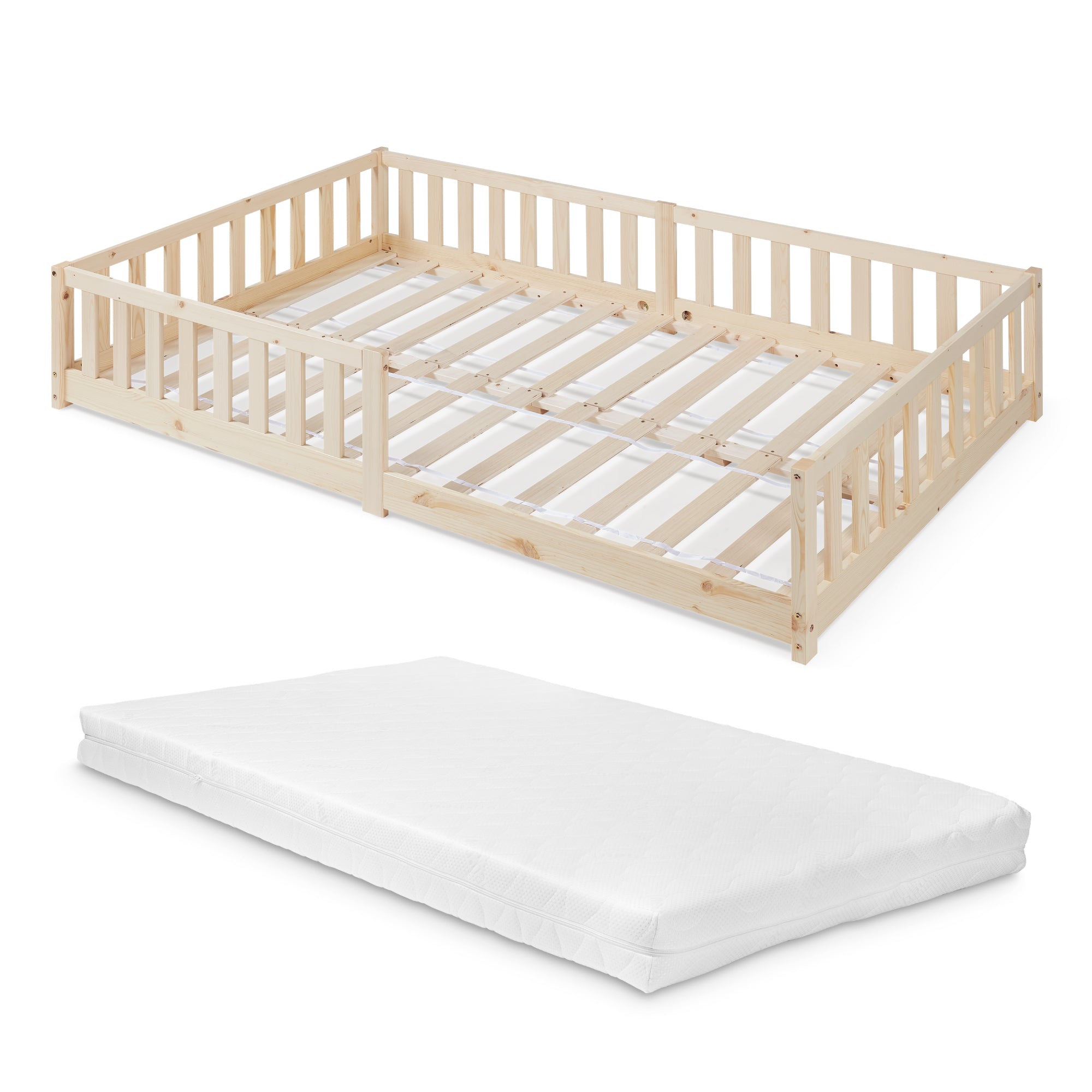 Letto Montessori per Cameretta Tanna in Legno di Pino con Materasso a Schiuma Fredda 120 x 200 cm - Naturale [en.casa]