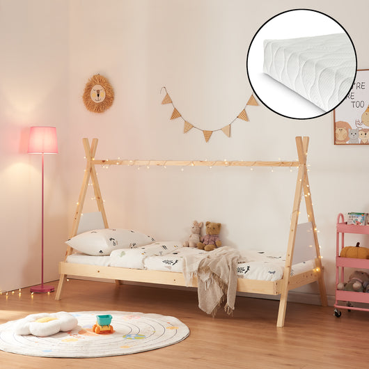 Letto Siikajoki a Forma di Tenda Indiana con Materasso 90 x 200 cm Legno di Pino - Naturale / Bianco [en.casa]