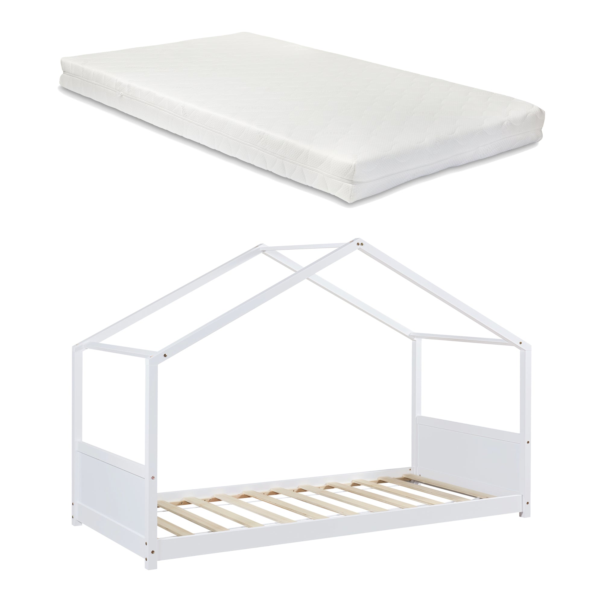 Letto per Cameretta Simo a Casetta con Materasso 90 x 200 cm in Legno di Pino - Bianco [en.casa]