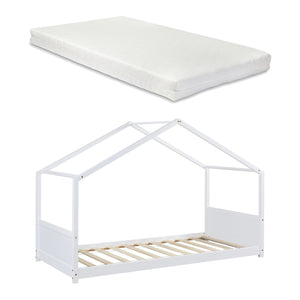 Letto per Cameretta Simo a Casetta con Materasso 90 x 200 cm in Legno di Pino - Bianco [en.casa]