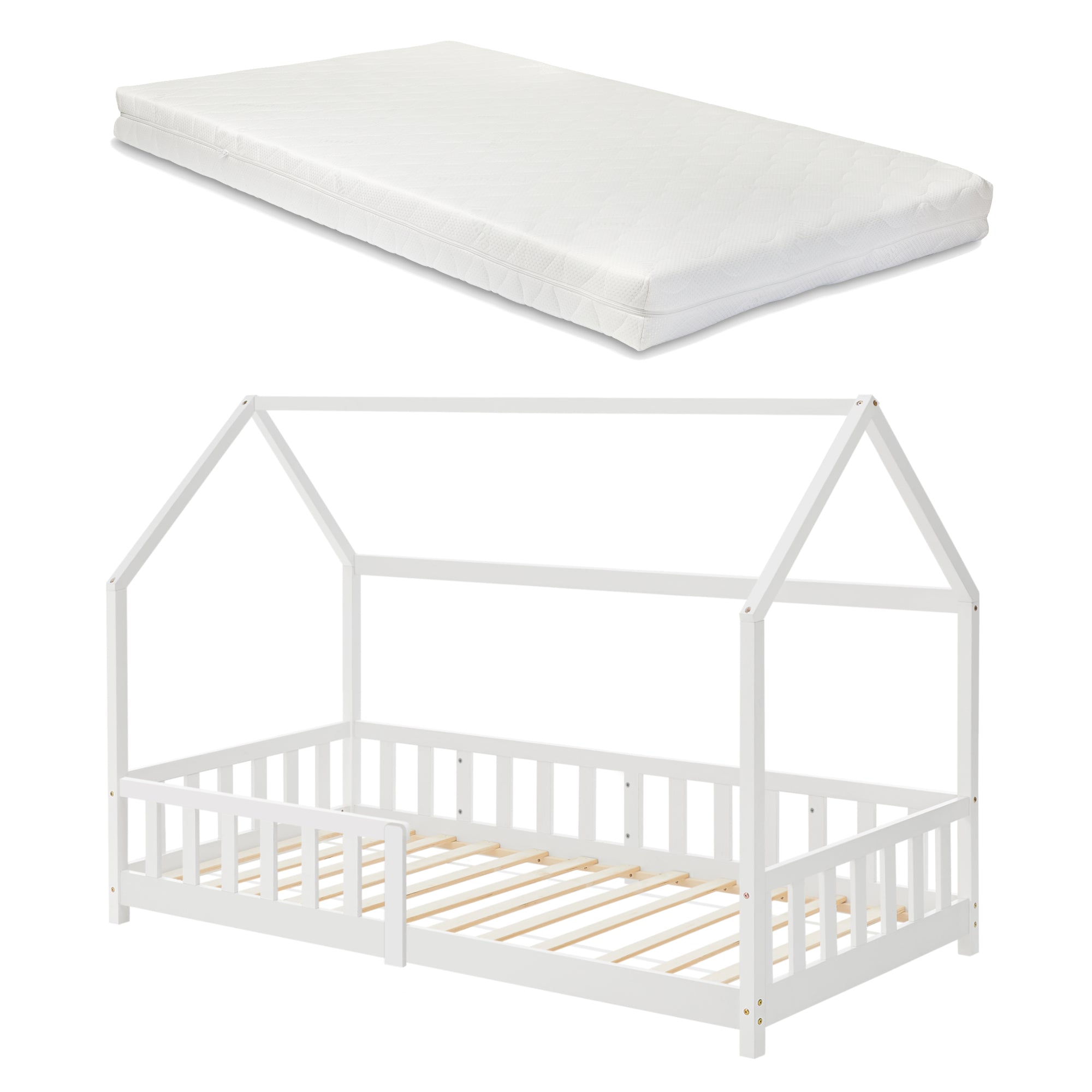 Letto Singolo Hesel per Cameretta Forma di Casetta con Materasso 90 x 200 cm Bianco [en.casa]