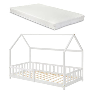 Letto Singolo Hesel per Cameretta Forma di Casetta con Materasso 90 x 200 cm Bianco [en.casa]