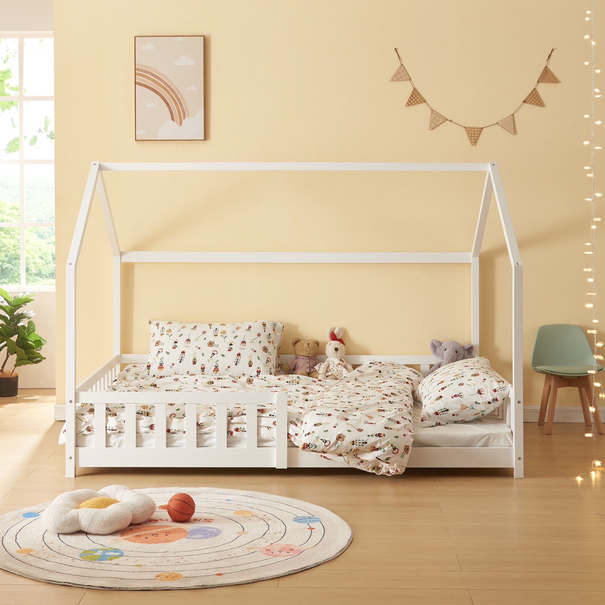 Letto Francese Hesel per Cameretta a Forma di Casetta 140 x 200 cm Bianco [en.casa]