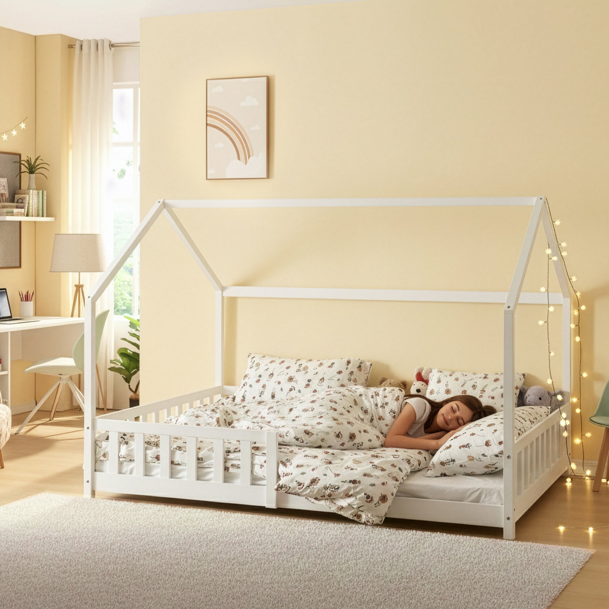 Letto Francese Hesel per Cameretta a Forma di Casetta 140 x 200 cm Bianco [en.casa]