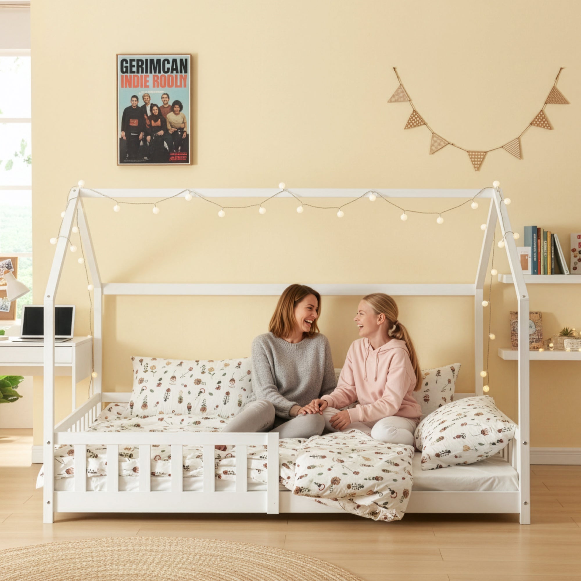 Letto Francese Hesel per Cameretta a Forma di Casetta 140 x 200 cm Bianco [en.casa]