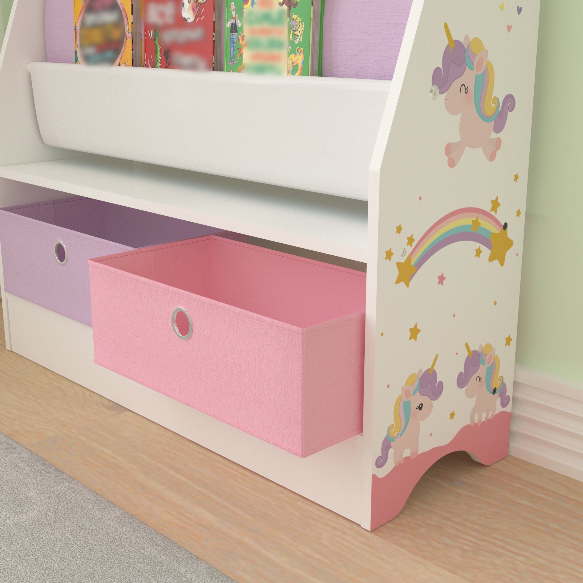 Scaffale 'Neda' per Cameretta con Portalibri e Scatole Pieghevoli - Design Unicorno [en.casa]