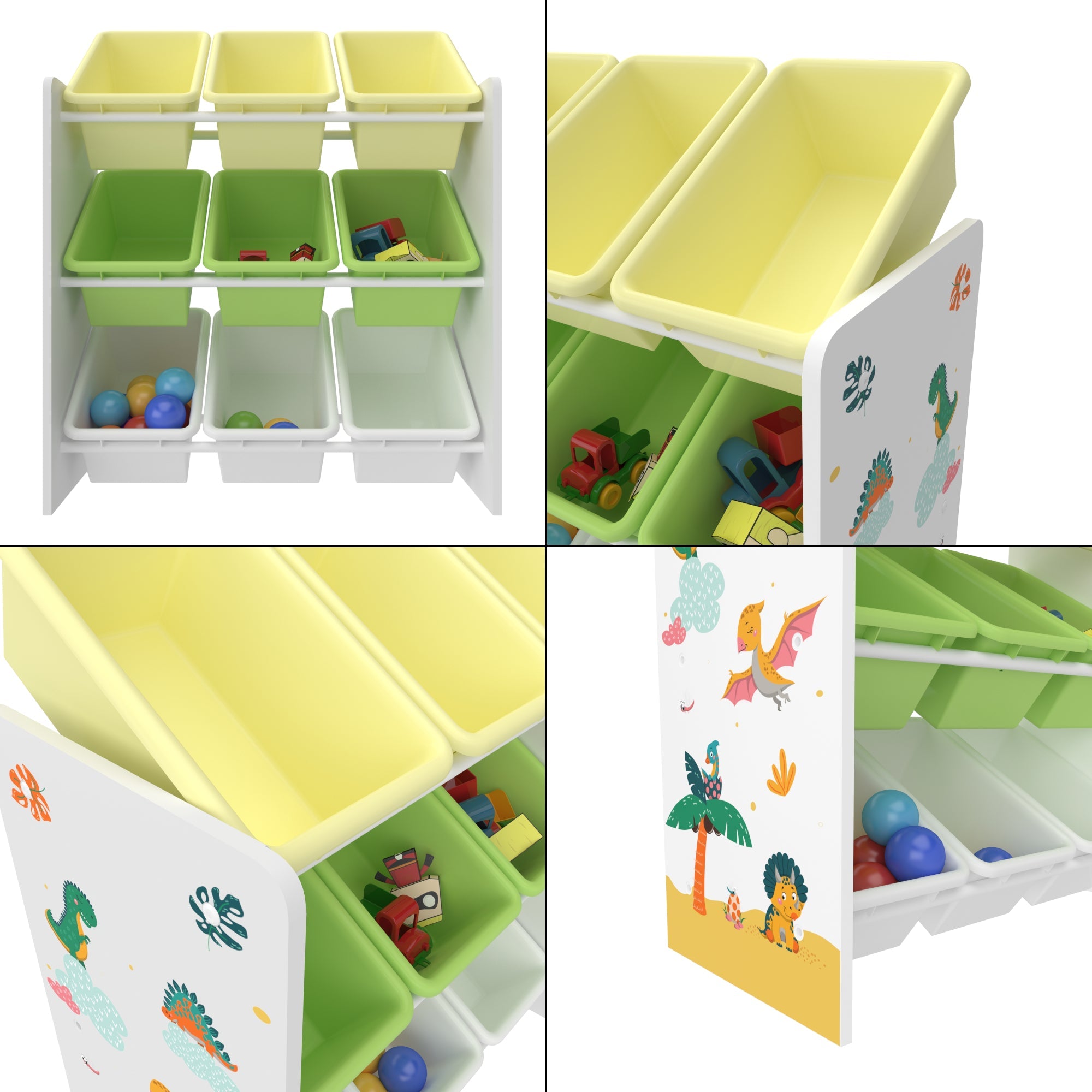 Scaffale portaoggetti per bambini con 9 contenitori a giorno bianco/verde/giallo 03_0006987
