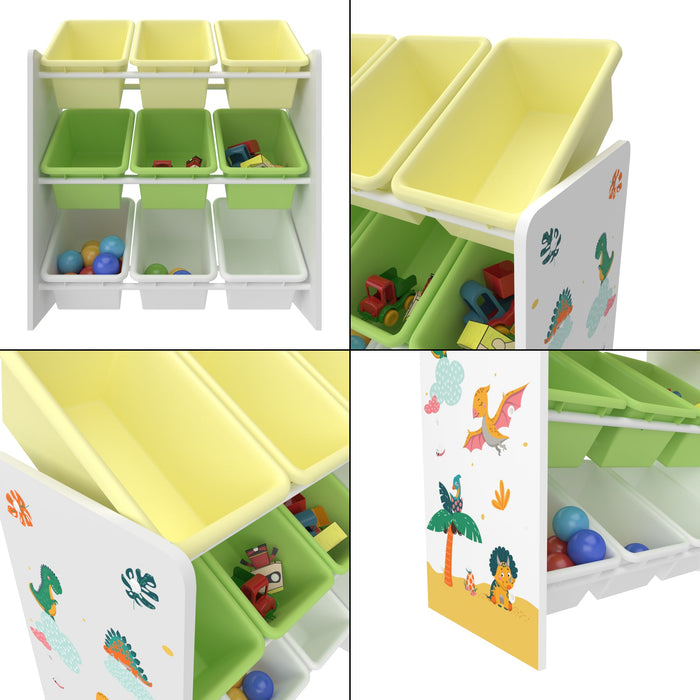 Scaffale portaoggetti per bambini con 9 contenitori a giorno bianco/verde/giallo 03_0006987