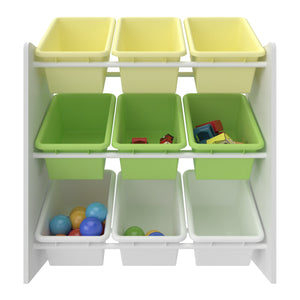 Scaffale portaoggetti per bambini con 9 contenitori a giorno bianco/verde/giallo 03_0006987