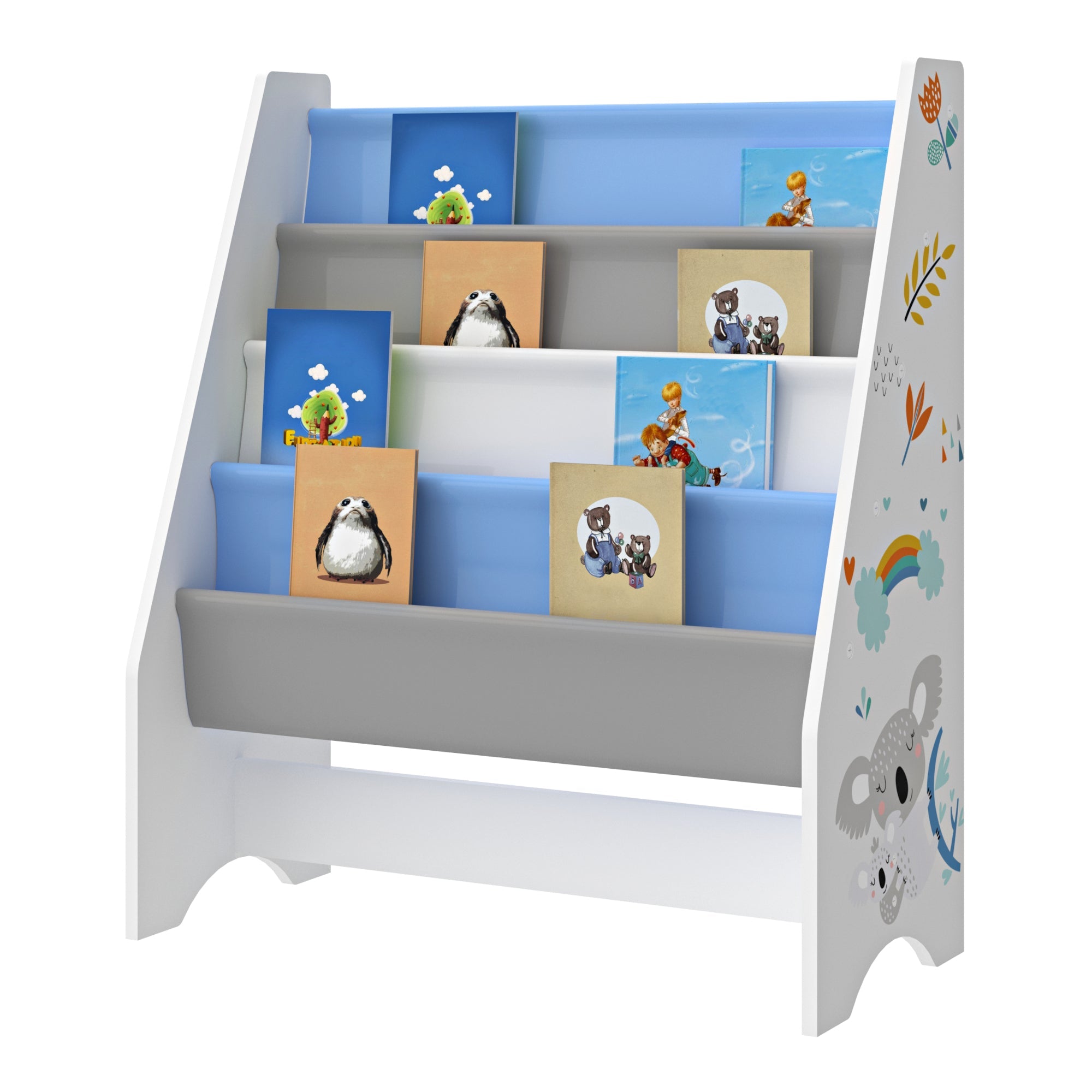 Libreria di design per soggiorno mensola per bambini stile originale con 4 vani a giorno bianco/grigio/blu 03_0006478