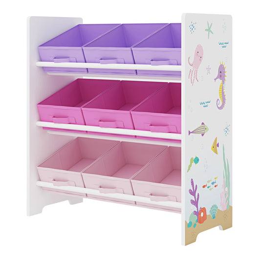 Scaffale dal design senza tempo per soggiorno/camera da letto mobiletto portaoggetti per bambini con 9 contenitori pieghevoli bianco/rosa/viola 03_0011177